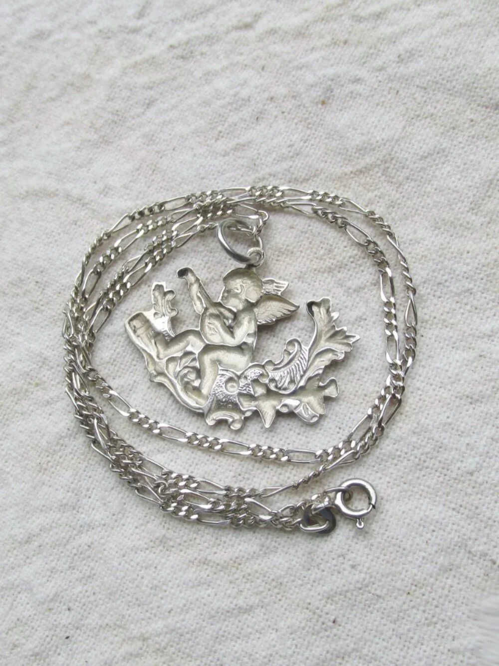 Vintage Sterling Silver ANGEL Playing Lute on Cloud Pendant 20